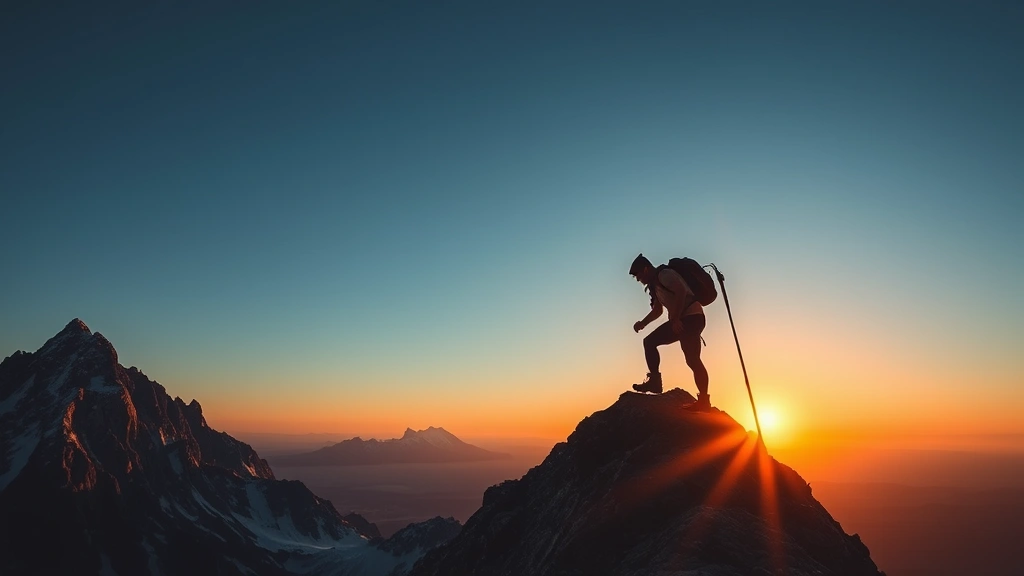 Mountain climber ascending a steep peak at dawn, muscles tense with effort, clear sky above, representing perseverance and inner strength without any text or symbols