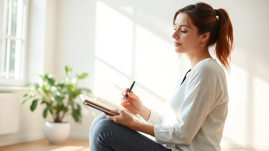 Woman sitting cross-legged in bright room with journal and pen, writing thoughtfully, sunlight streaming through large window, calm focused expression, plant visible in background, authentic moment