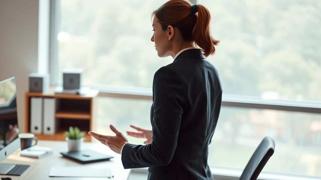 Person in professional setting at desk surrounded by natural light, posture showing confidence and focus, hands positioned purposefully on workspace, embodying professional excellence