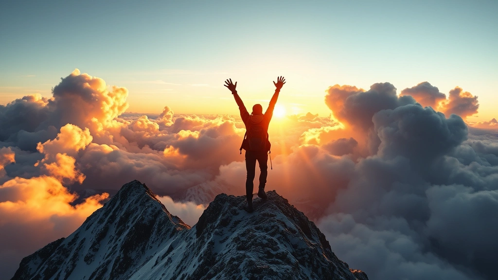 Mountain climber reaching the summit at dawn with arms raised in triumph, surrounded by clouds and golden light, representing perseverance and achievement, photorealistic