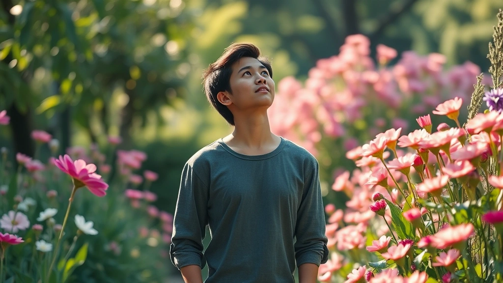 Person in a moment of reflection standing in a garden surrounded by blooming flowers, looking upward with expression of hope and purpose, photorealistic