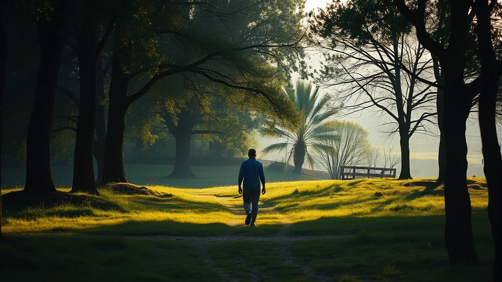 Person walking through a peaceful natural landscape with trees and soft light, showing movement and hope, contemplative outdoor scene with calm atmosphere