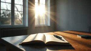 Serene morning light streaming through tall windows into a minimalist study space, featuring an open journal and pen on a wooden desk, with soft shadows creating depth and calm atmosphere