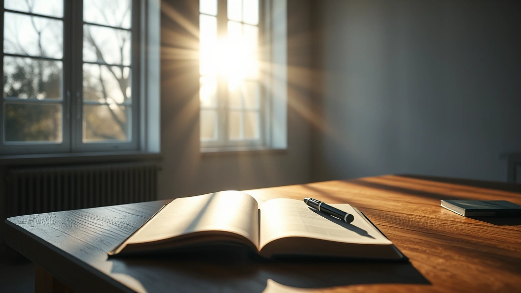 Serene morning light streaming through tall windows into a minimalist study space, featuring an open journal and pen on a wooden desk, with soft shadows creating depth and calm atmosphere