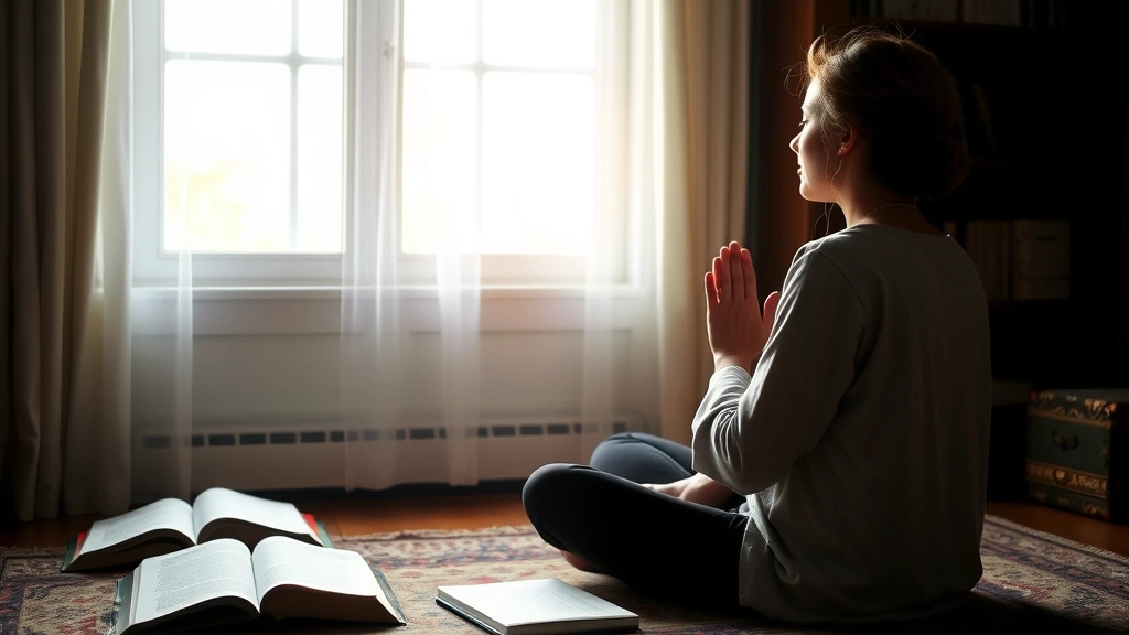 Person sitting in contemplative prayer position near a window with soft natural light streaming through, surrounded by open books and a journal, peaceful indoor setting, warm tones