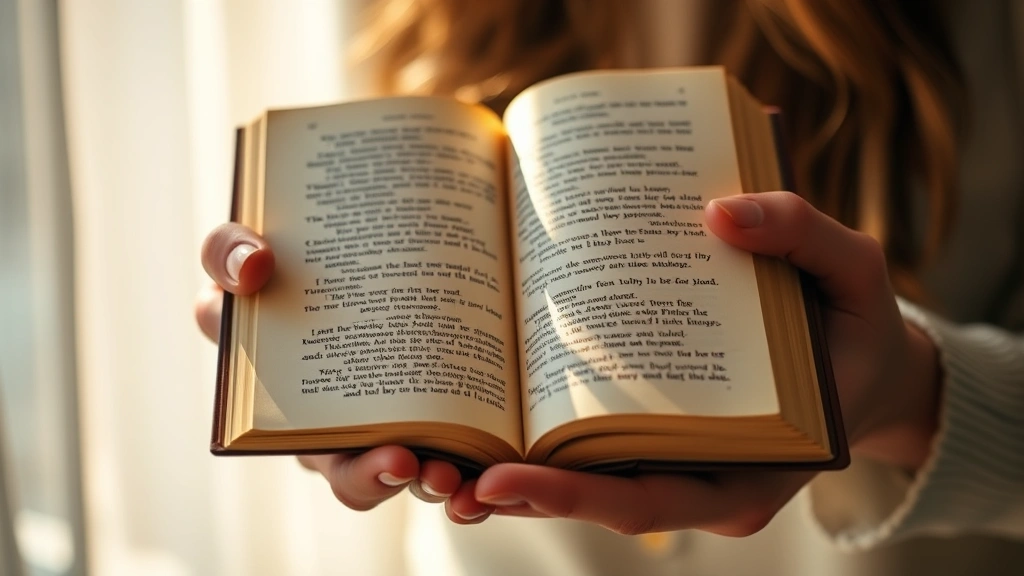 Close-up of hands holding an open book with golden pages, warm sunlight illuminating the text, creating a sense of wisdom and contemplation with blurred background
