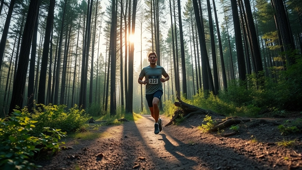 Athlete in mid-stride running on a forest trail with determination, morning sunlight filtering through trees, representing discipline and purposeful movement in nature