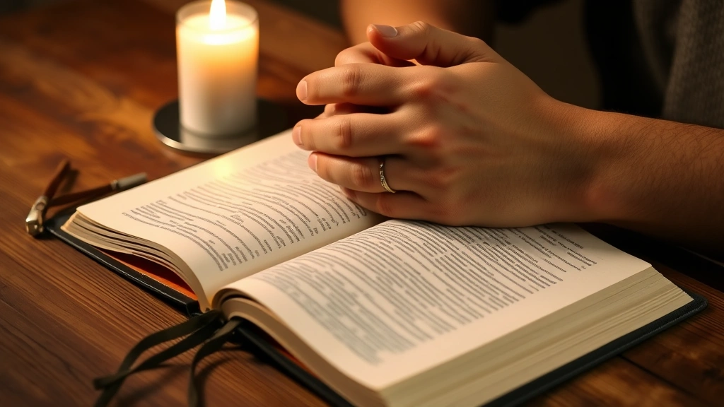 Hands folded in prayer over an open Bible on a wooden table, candle burning nearby, representing spiritual discipline and commitment to faith practice