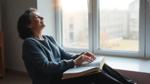 A person sitting peacefully by a large window with soft morning light streaming in, hands gently resting on an open book, serene expression, minimalist interior setting