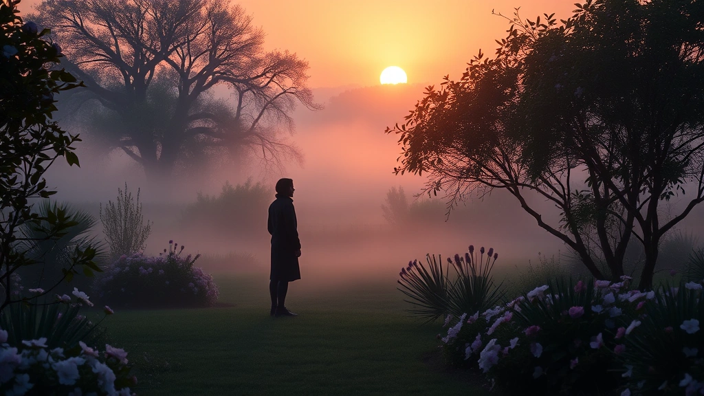 A solitary figure standing in a peaceful garden at dawn, surrounded by blooming flowers and soft mist, looking toward the horizon with calm posture