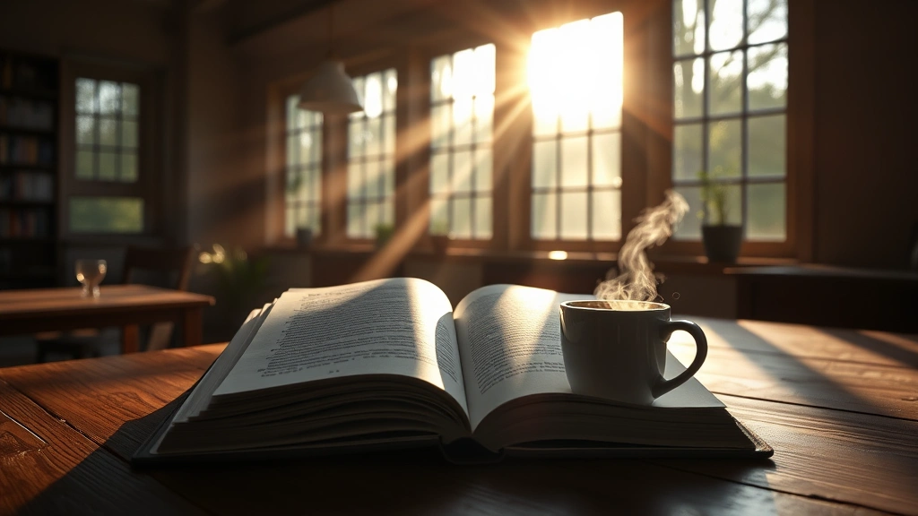 Serene morning light streaming through large windows onto an open book on a wooden desk, with a steaming cup of coffee beside it, soft warm aesthetic, peaceful study environment