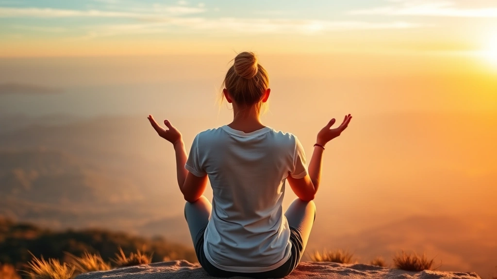 Person sitting in contemplative pose overlooking a vast landscape at sunrise, hands open in gesture of acceptance and peace, golden hour lighting, inspiring natural scenery