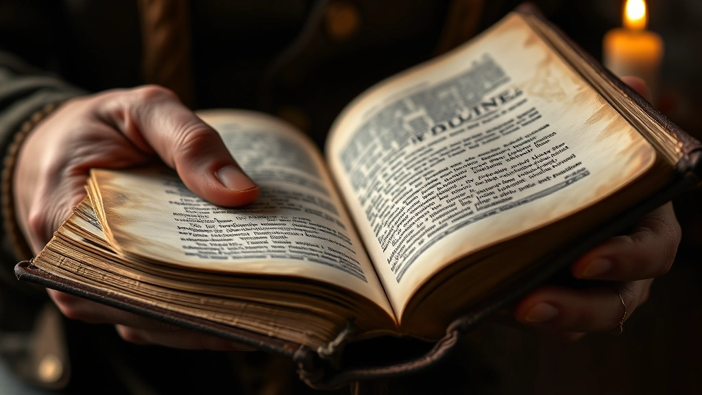 Close-up of hands holding an ancient leather-bound book with weathered pages, warm candlelight illuminating the text, intimate moment of spiritual reflection