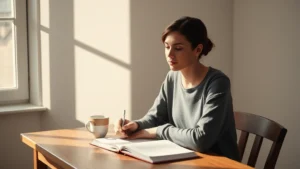 Serene figure in morning light sitting at wooden desk with open journal and coffee cup, focused expression, minimalist room with soft natural lighting, peaceful contemplative atmosphere
