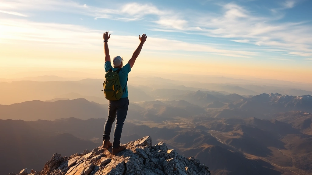 Mountain climber reaching a summit with arms raised, vast landscape vista in background, moment of achievement and discipline, golden hour lighting