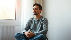 A person sitting peacefully by a window with soft natural light streaming in, hands resting gently on lap, expression of calm contemplation and inner peace