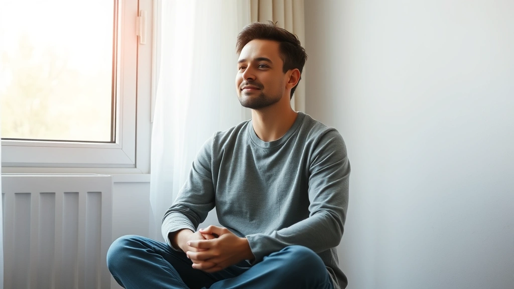 A person sitting peacefully by a window with soft natural light streaming in, hands resting gently on lap, expression of calm contemplation and inner peace