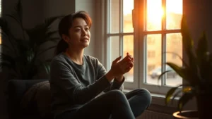Person sitting peacefully by a window with soft morning light, hands gently clasped, calm expression, serene indoor setting with plants
