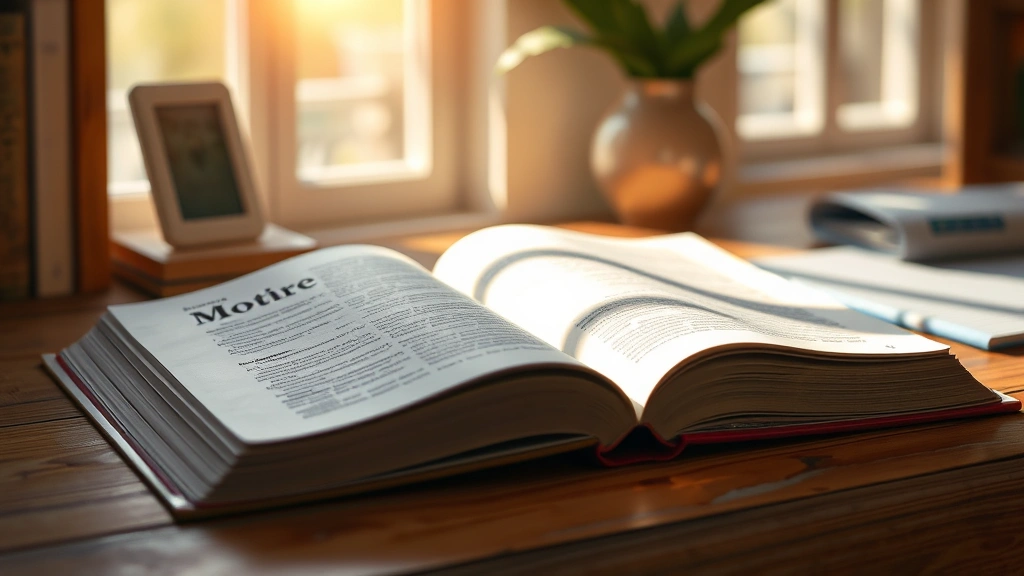 Open book resting on a wooden desk with morning light streaming across pages, warm and inviting atmosphere, peaceful workspace