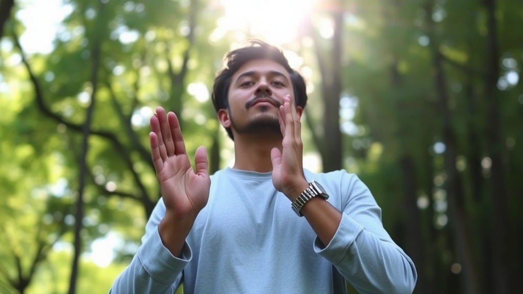 A person with hands pressed together in a gesture of gratitude or prayer, standing in nature with trees and light in background, conveying spiritual connection and resilience