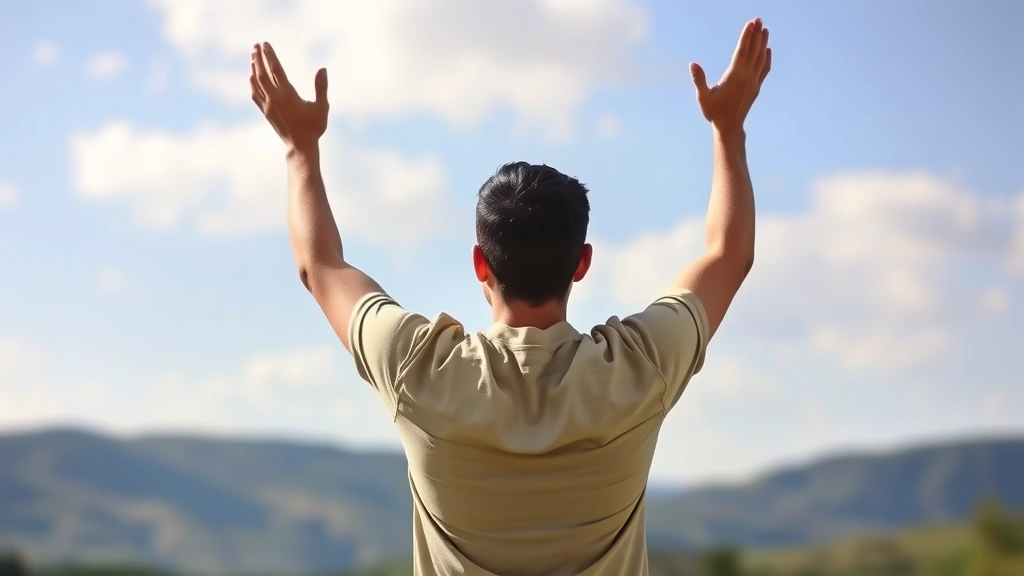 Person with arms raised in peaceful acceptance, standing in a natural landscape with open sky, serene body language expressing surrender and peace