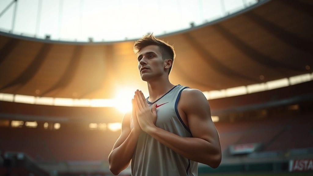 Athlete in stadium at dawn, hands clasped in contemplation, sunlight breaking through, peaceful focused expression, solitary moment before competition