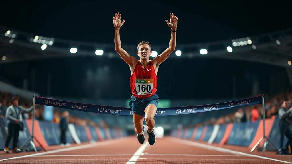 Runner crossing finish line with arms raised in victory, stadium lights blurred in background, moment of triumph and relief, emotional peak performance