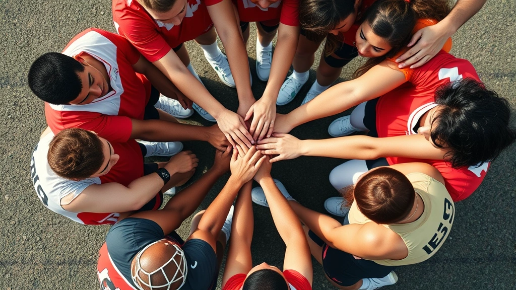 Team huddle from above, athletes with hands together in center, unity and connection visible, diverse group showing solidarity and shared purpose