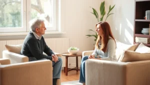 Two people sitting across from each other in a quiet, peaceful room with natural light, engaged in a thoughtful, respectful conversation. One person appears to be listening intently while the other speaks earnestly. Warm, compassionate atmosphere with soft furniture and calming decor.
