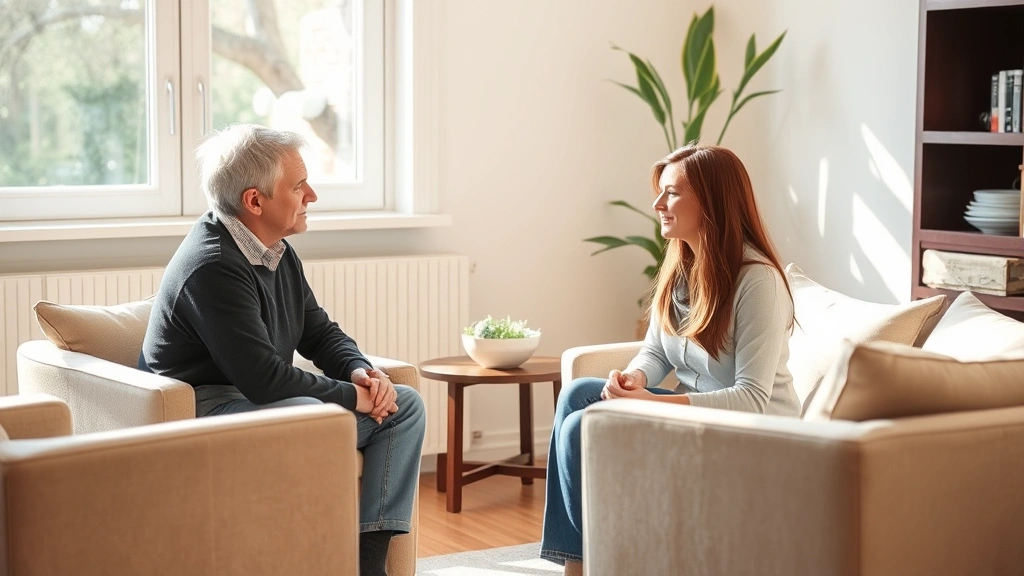 Two people sitting across from each other in a quiet, peaceful room with natural light, engaged in a thoughtful, respectful conversation. One person appears to be listening intently while the other speaks earnestly. Warm, compassionate atmosphere with soft furniture and calming decor.