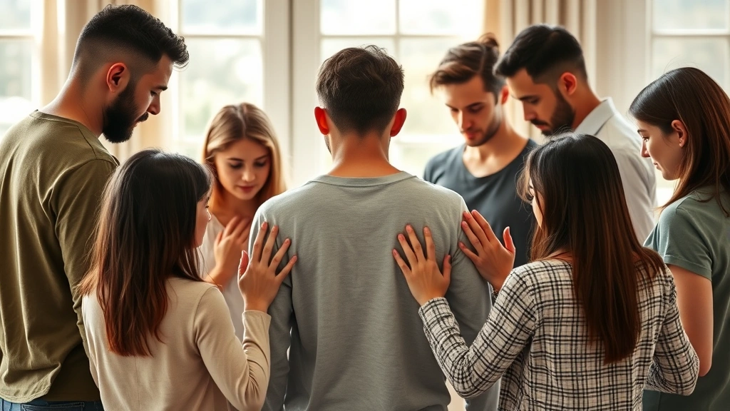 A diverse group of people standing together in a circle, hands placed on each other's shoulders or back, looking downward in a moment of unity and prayer. Morning light filters through windows. Expressions show care, support, and spiritual connection without any visible text or symbols.