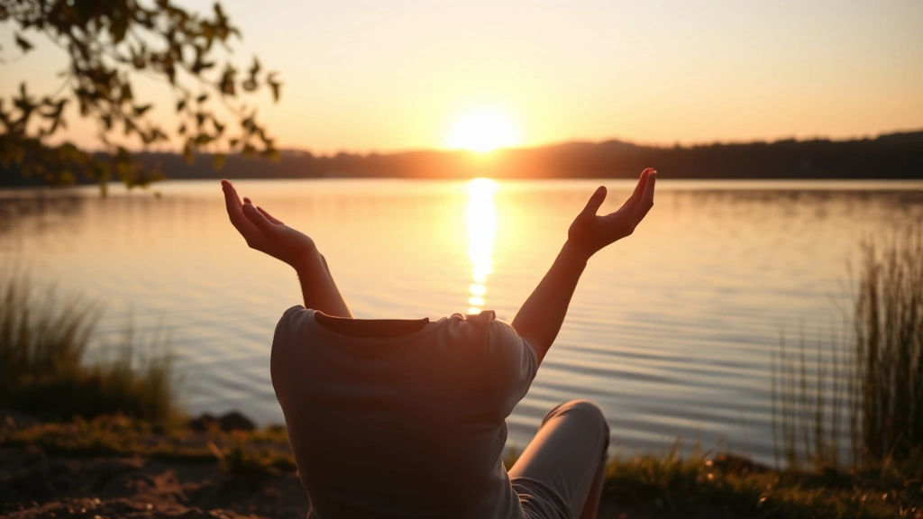 Serene person sitting by a peaceful lake at sunrise, hands open in peaceful gesture, soft golden light reflecting off water, calm natural environment