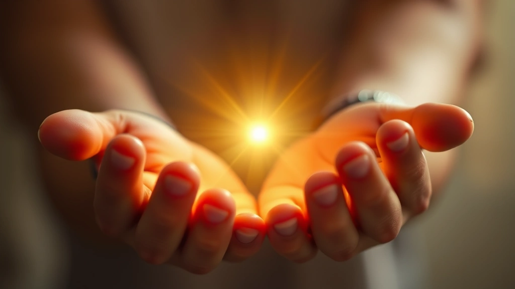 Close-up of open hands holding a glowing light source, symbolizing hope and inner peace, warm ethereal lighting against soft blurred background