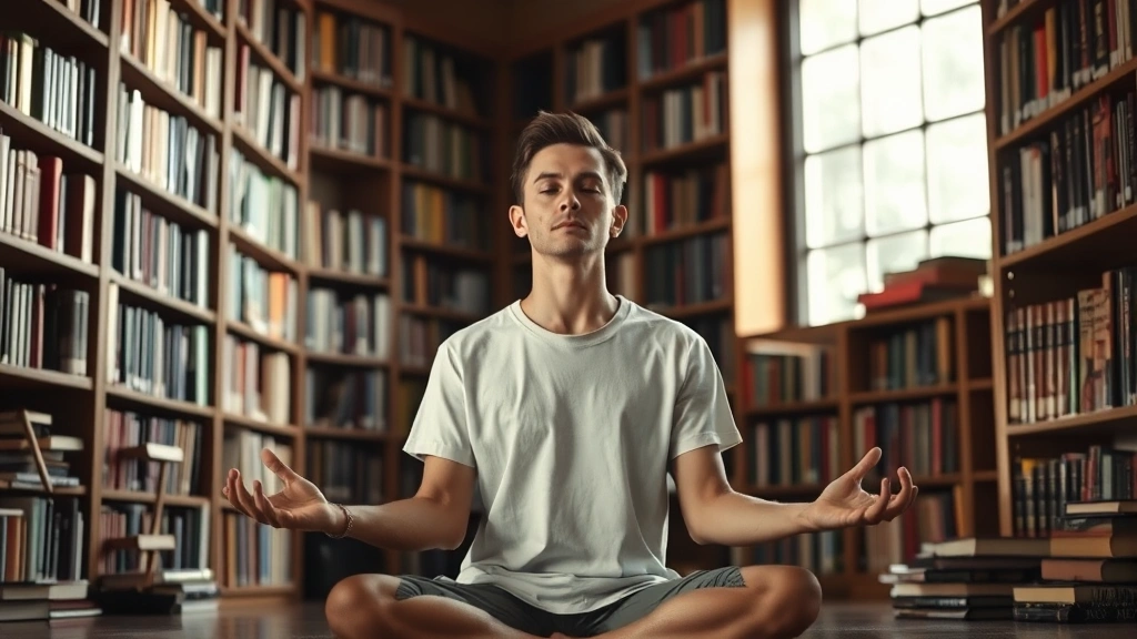 Person meditating in quiet library surrounded by books, soft natural window light creating peaceful atmosphere, focused expression of inner calm and reflection