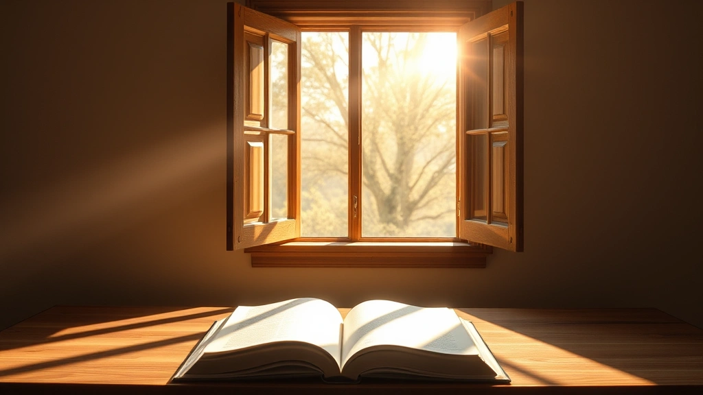 Serene morning light streaming through an open window onto a wooden desk with an open book, warm neutral tones, peaceful contemplative atmosphere, no text visible
