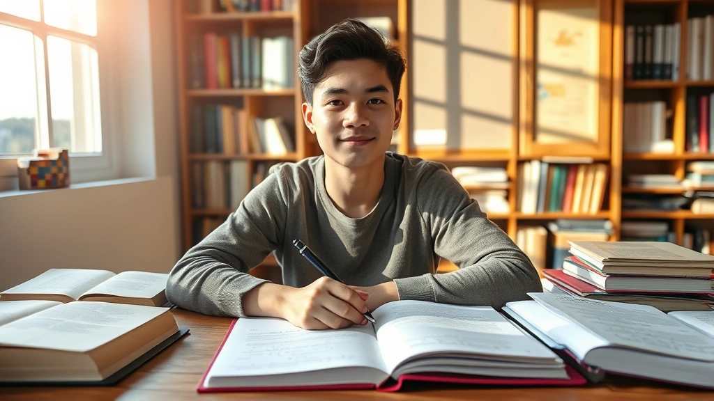 Student at wooden desk surrounded by open books, pen in hand, morning sunlight streaming through window, peaceful focused expression, notebook with handwritten notes visible
