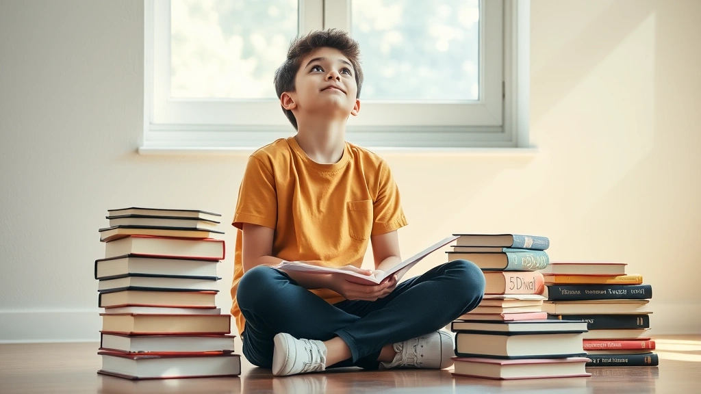 Young scholar sitting cross-legged on floor with textbooks stacked around, looking upward with determination, natural window light, warm academic atmosphere