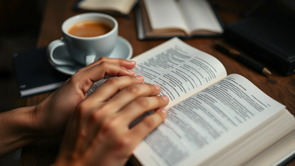 Close-up of hands holding open Bible with highlighted passages, desk with coffee cup, journal, and study materials blurred in background, contemplative mood