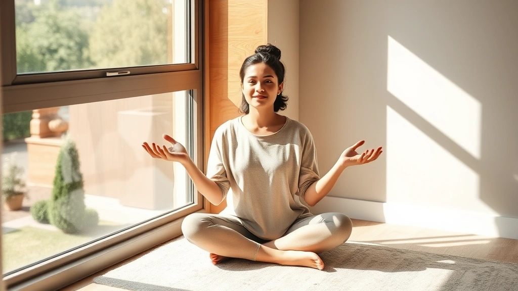 Serene person sitting peacefully in morning sunlight by a large window, hands open in calm gesture, soft natural light creating peaceful atmosphere