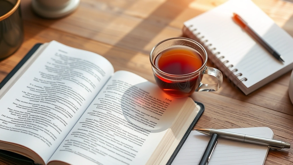 Open Bible resting on a wooden desk with a warm cup of tea, notebook and pen nearby, gentle afternoon light streaming across pages