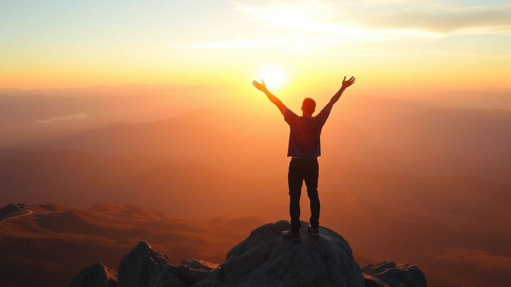 Person standing on a mountain peak at sunrise with arms raised, overlooking vast landscape, conveying hope, strength, and spiritual awakening