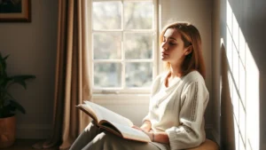 Person sitting peacefully in a sunlit room, holding an open book, looking contemplative and calm with natural light streaming through a window