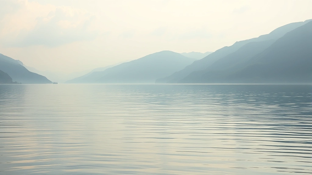 Serene landscape with peaceful water, mountains, and soft natural lighting, conveying tranquility and inner peace without any text