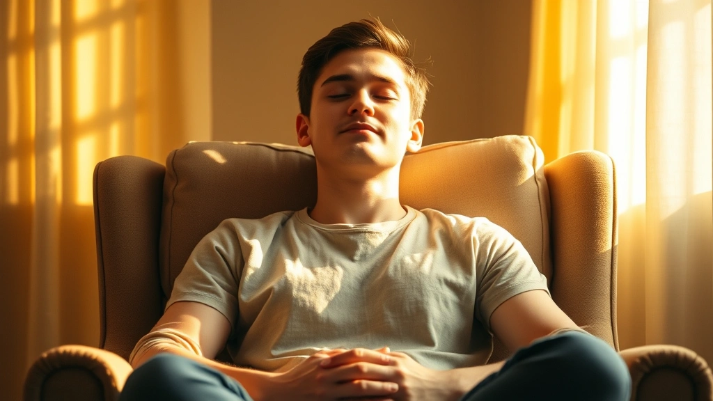 Individual in a comfortable chair with eyes closed, hands resting gently, surrounded by warm golden light suggesting meditation and spiritual peace