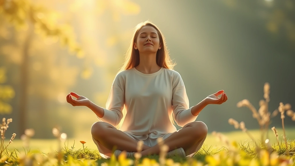 Serene figure in morning light sitting peacefully with hands open in acceptance, surrounded by soft natural elements, contemplative expression showing inner peace and spiritual centeredness