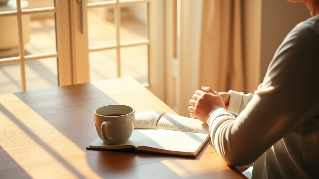Person sitting peacefully in morning sunlight at a wooden desk with an open journal and coffee cup, hands folded in contemplation, serene indoor setting