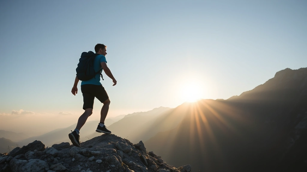Person climbing a mountain path step by step with determination, morning light ahead, showing steady progress and perseverance without rushing, natural landscape