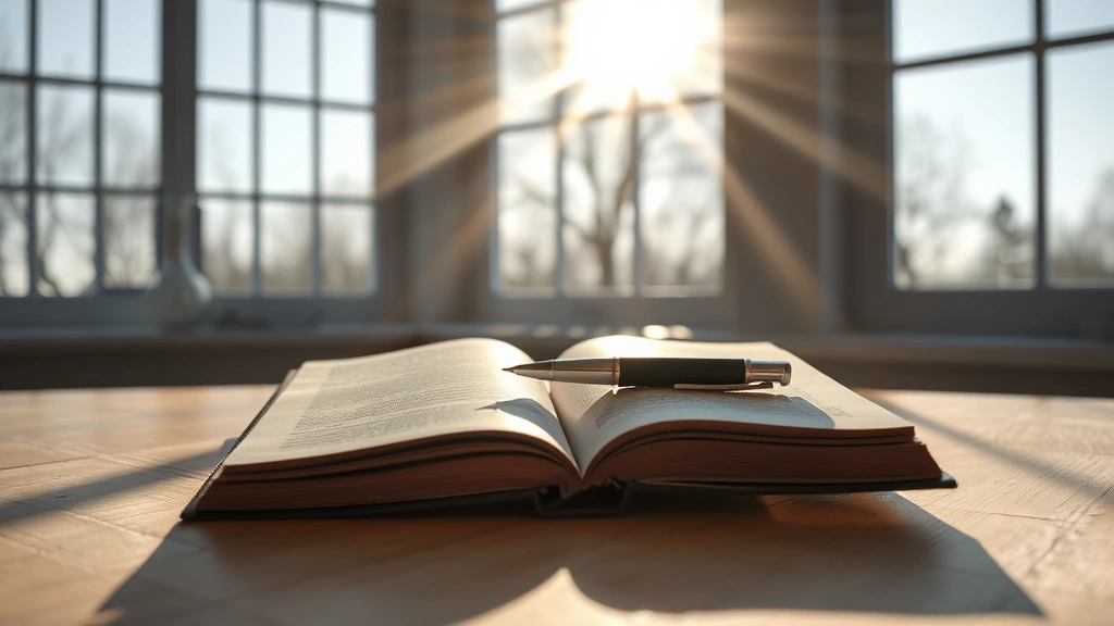 Serene morning light streaming through large windows onto an open leather-bound journal with a pen resting on its pages, minimalist desk setting with soft shadows
