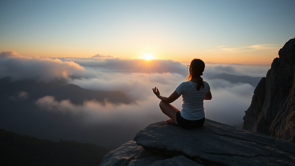 Person sitting peacefully in meditation pose on a cliff overlooking misty mountains at sunrise, hands in contemplative position, golden light breaking through clouds