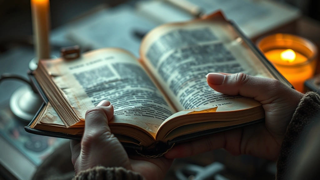 Hands gently holding an ancient weathered book with pages visible, warm candlelight nearby, focused close-up emphasizing texture and thoughtful study